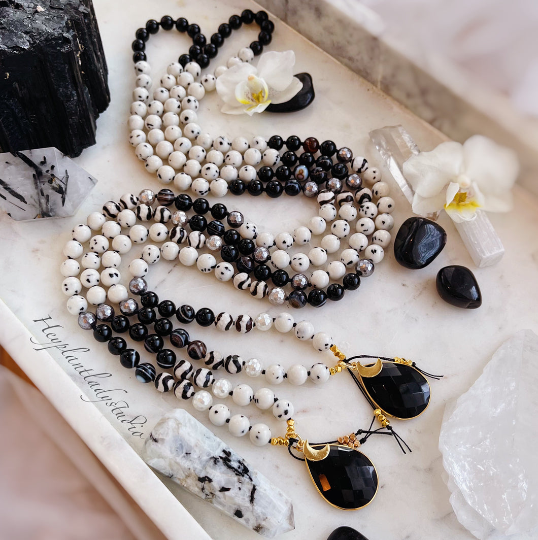 Le Dalmatien - 108 Mala Necklace - Dalmatian Jade + Sardonyx + Black Tourmaline +Dzi Zebra Agate + Mother of Pearl + Black Onyx + Crescent Moon 24K Gold Plating - 108 Mala Necklace
