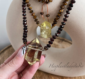 You Choose - Double Terminated Citrine + Diamond Cut Garnet or Tigers Eye - 108 - 8mm Rondelle 27" Mala Necklace