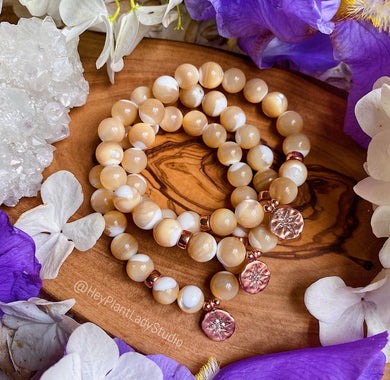 Comfort to my Soul - Mala Bracelet - 9mm Mother of Pearl + Rose Gold Starburst