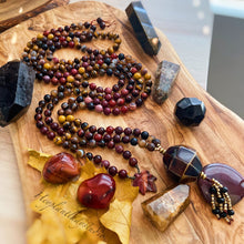 Load image into Gallery viewer, Autumn Harvest Mala Necklace - Poppy Jasper, Smoky Quartz, Wood, Mookaite Jasper, Tigers Eye, Brown Agate, Brass