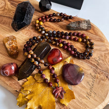 Load image into Gallery viewer, Autumn Harvest Mala Necklace - Poppy Jasper, Smoky Quartz, Wood, Mookaite Jasper, Tigers Eye, Brown Agate, Brass