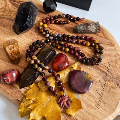 Autumn Harvest Mala Necklace - Poppy Jasper, Smoky Quartz, Wood, Mookaite Jasper, Tigers Eye, Brown Agate, Brass