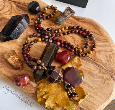 Cinnamon & Spice Mala Necklace - Onyx, Red Carnelian, Wood, Mookaite Jasper, Tigers Eye, Brown Agate, Brass