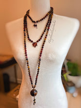 Load image into Gallery viewer, Autumn Harvest Mala Necklace - Poppy Jasper, Smoky Quartz, Wood, Mookaite Jasper, Tigers Eye, Brown Agate, Brass