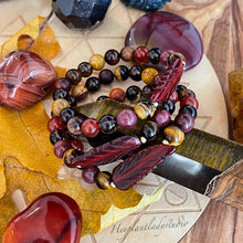 Load image into Gallery viewer, Painted Forest Bracelet - Red Horn Leaf Carving, Tigers Eye, Mookaite Jasper, Red Carnelian, Wood, Smoky Quartz