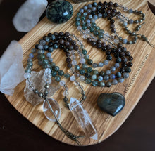 Load image into Gallery viewer, You Choose - Morning Dew or Forest Floor - 108 Bead Mala Necklaces Garden Quartz, Smoky Quartz, Phantom Quartz, Obsidian,