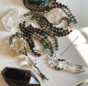You Choose - Morning Dew or Forest Floor - 108 Bead Mala Necklaces Garden Quartz, Smoky Quartz, Phantom Quartz, Obsidian,