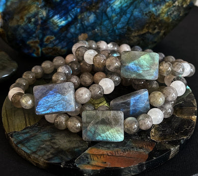 Secrets of the Universe - Labradorite + Moonstone + Cloudy Quartz + Tourmalinated Quartz Stretch Bracelet