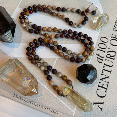 Rustling Leaves 108 Mala Necklace -Zebradorite Feldspar, Garnet, Natural Wood, Petrified Wood, Zebra Jasper, Smoky Quartz