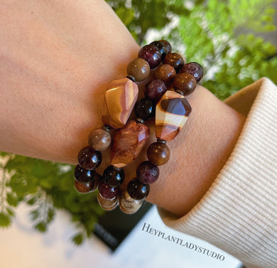 Rustling Leaves Bracelet - Rare Utah Wonderstone, Zebradorite Feldspar, Garnet, Wood, Petrified Wood, Smoky Quartz