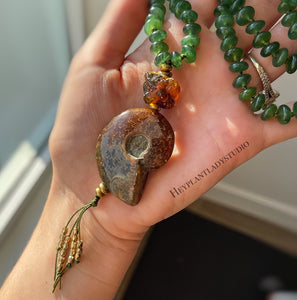 Heart Opener 108 - 24" Mala Necklace - Natural Baltic Amber + Natural Siberian Green Jade + Ammonite + Brass