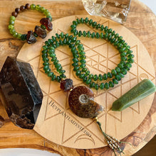 Load image into Gallery viewer, Heart Opener 108 - 24&quot; Mala Necklace - Natural Baltic Amber + Natural Siberian Green Jade + Ammonite + Brass