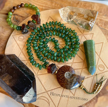 Load image into Gallery viewer, Heart Opener 108 - 24&quot; Mala Necklace - Natural Baltic Amber + Natural Siberian Green Jade + Ammonite + Brass