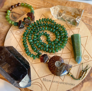 Heart Opener 108 - 24" Mala Necklace - Natural Baltic Amber + Natural Siberian Green Jade + Ammonite + Brass
