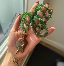 Load image into Gallery viewer, Heart Opener 108 - 24&quot; Mala Necklace - Natural Baltic Amber + Natural Siberian Green Jade + Ammonite + Brass