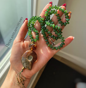 Heart Opener 108 - 24" Mala Necklace - Natural Baltic Amber + Natural Siberian Green Jade + Ammonite + Brass