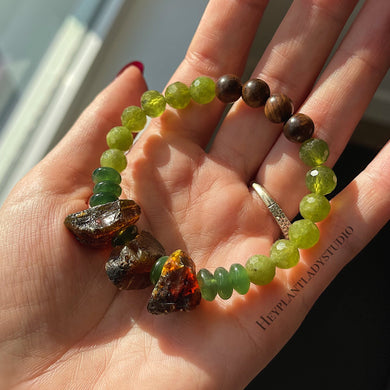 Heart Opener Mala Bracelet - Natural Siberian Jade, Natural Baltic Amber, AAA Diamond Cut Peridot, Natural Wood