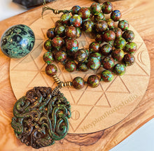 Load image into Gallery viewer, Ancient Treasure 50 Bead Mala Necklace - Chinese Green Jade Dragon + Phoenix Pendant + 15mm Antique Chinese Cloisonne Flower Beads