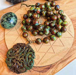 Ancient Treasure 50 Bead Mala Necklace - Chinese Green Jade Dragon + Phoenix Pendant + 15mm Antique Chinese Cloisonne Flower Beads