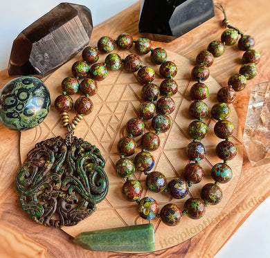 Ancient Treasure 50 Bead Mala Necklace - Chinese Green Jade Dragon + Phoenix Pendant + 15mm Antique Chinese Cloisonne Flower Beads