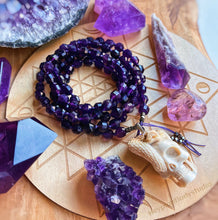Load image into Gallery viewer, Protected Mala Necklace - 108 Prism Cut Amethyst + Hand Carved Buffalo Bone Skull with Rattlesnake