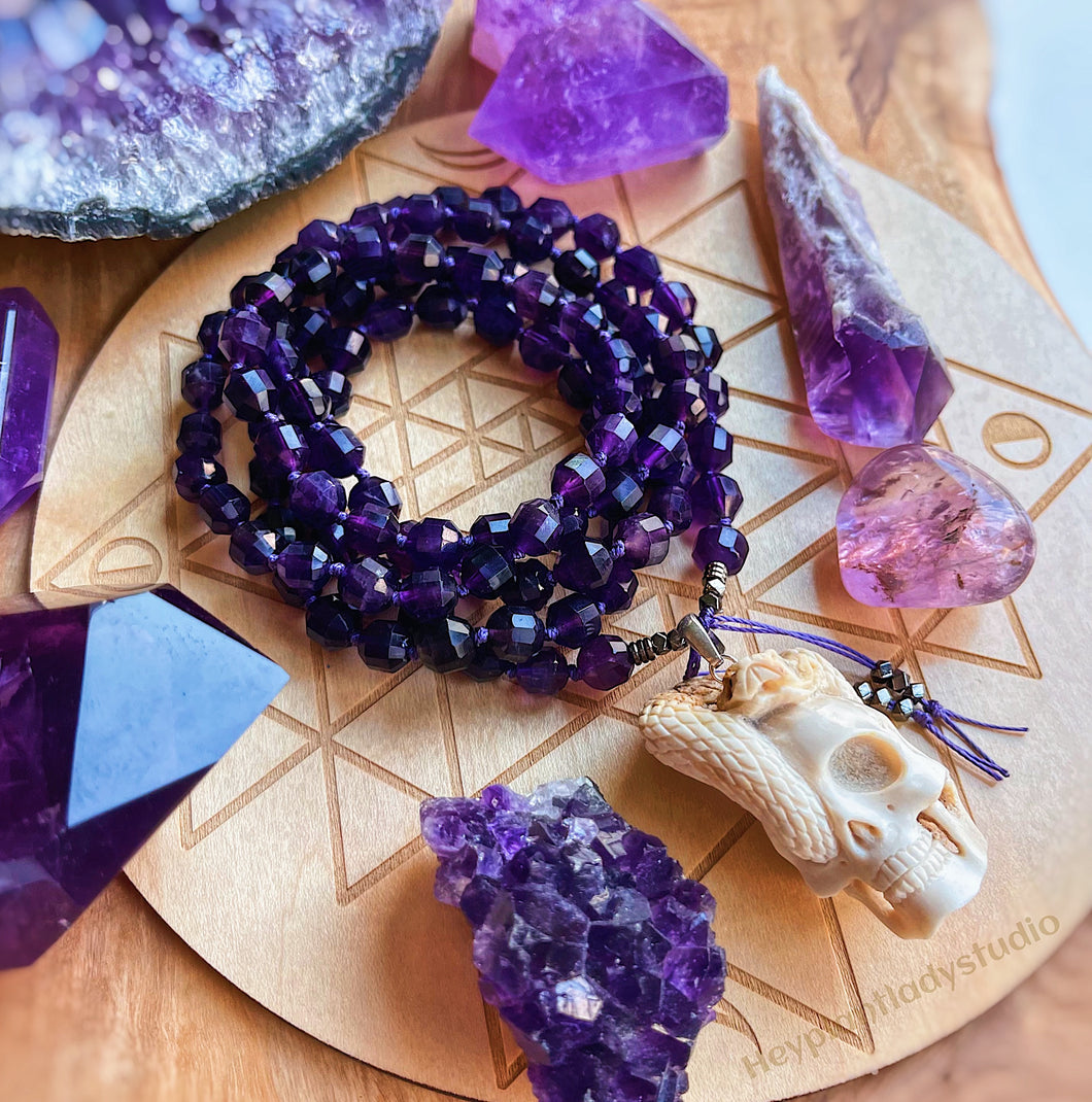 Protected Mala Necklace - 108 Prism Cut Amethyst + Hand Carved Buffalo Bone Skull with Rattlesnake