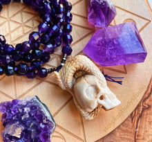 Load image into Gallery viewer, Protected Mala Necklace - 108 Prism Cut Amethyst + Hand Carved Buffalo Bone Skull with Rattlesnake