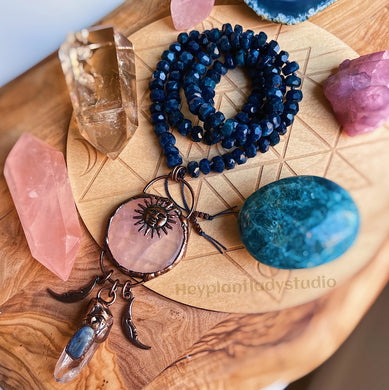 Stars Align Mala Necklace - 108 Deep Teal Apatite Faceted Rondelle Beads + Rose Quartz/Kyanite/Clear Quartz Celestial Pendant