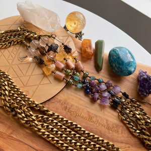 Rainbow Gemstone + Vintage Brass Curb Chain 31” Necklace