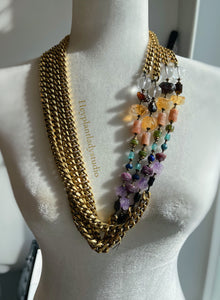 Rainbow Gemstone + Vintage Brass Curb Chain 31” Necklace