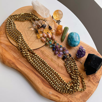 Rainbow Gemstone + Vintage Brass Curb Chain 31” Necklace