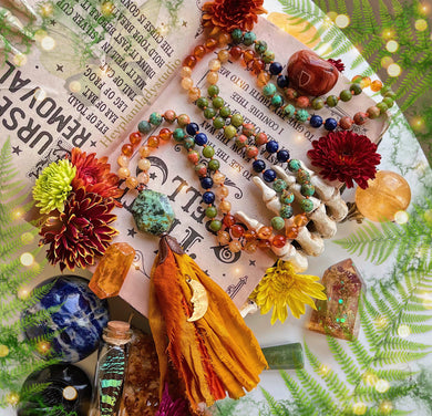 Enchanted Autumn - 108 Mala Necklace - Golden Rutile Quartz, AAA Natural Carnelian, Canadian Green Jade, Sodalite, Unakite, African Turquoise, Recycled Sari Silk, Vintage Moon