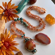 Load image into Gallery viewer, Happiness Mala Necklace - 108 Fiery Sunstone Faceted Rondelle Beads + African Turquoise + Red Carnelian Tibetan Pendant