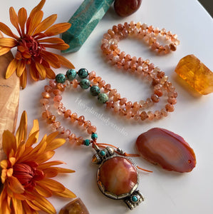 Happiness Mala Necklace - 108 Fiery Sunstone Faceted Rondelle Beads + African Turquoise + Red Carnelian Tibetan Pendant