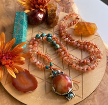 Load image into Gallery viewer, Happiness Mala Necklace - 108 Fiery Sunstone Faceted Rondelle Beads + African Turquoise + Red Carnelian Tibetan Pendant