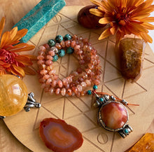 Load image into Gallery viewer, Happiness Mala Necklace - 108 Fiery Sunstone Faceted Rondelle Beads + African Turquoise + Red Carnelian Tibetan Pendant