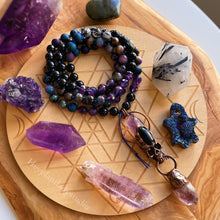 Load image into Gallery viewer, Secrets of the Crypt Mala Necklace - 108 Amethyst, Black Tourmaline Quartz, Rainbow Obsidian, Galaxy Tigers Eye, Hematite, Blue + Purple Druzy Agate