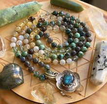 Load image into Gallery viewer, Sunshine Meadows Mala Necklace - 108 Golden Rutile Quartz, Black Labradorite, AA Rainbow Moonstone, Smoky Quartz, Fluorite, African Turquoise, Moss Agate, Citrine, Matte Fire Agate, Green Rutile Quartz