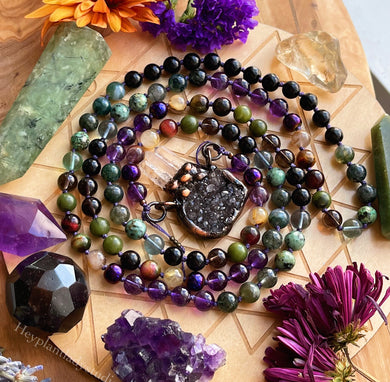 Magic Brewing - Black Amethyst Cauldron Mala Necklace - 108 Moss Agate, Green + Golden Rutile Quartz, Tigers Eye, Fluorite, African Turquoise, Rainbow Obsidian, Smoky Quartz, Green Jade, Phantom Amethyst