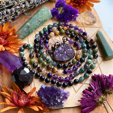 Magic Brewing - Lavender Amethyst Cauldron Mala Necklace - 108 Moss Agate, Green + Golden Rutile Quartz, Tigers Eye, Fluorite, African Turquoise, Rainbow Obsidian, Smoky Quartz, Green Jade, Phantom Amethyst