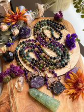 Load image into Gallery viewer, Magic Brewing - Lavender Amethyst Cauldron Mala Necklace - 108 Moss Agate, Green + Golden Rutile Quartz, Tigers Eye, Fluorite, African Turquoise, Rainbow Obsidian, Smoky Quartz, Green Jade, Phantom Amethyst