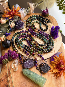 Magic Brewing - Lavender Amethyst Cauldron Mala Necklace - 108 Moss Agate, Green + Golden Rutile Quartz, Tigers Eye, Fluorite, African Turquoise, Rainbow Obsidian, Smoky Quartz, Green Jade, Phantom Amethyst