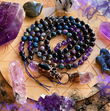 Secrets of the Crypt Mala Necklace - 108 Amethyst, Black Tourmaline Quartz, Rainbow Obsidian, Galaxy Tigers Eye, Hematite, Blue + Purple Druzy Agate