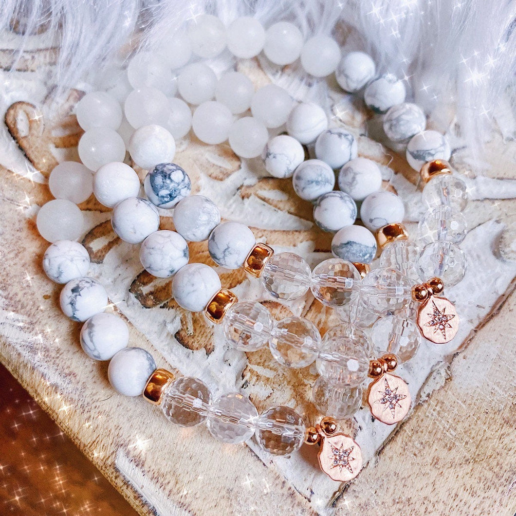 Sanctuary Mala Bracelet - Howlite + Clear Quartz, Rose Gold