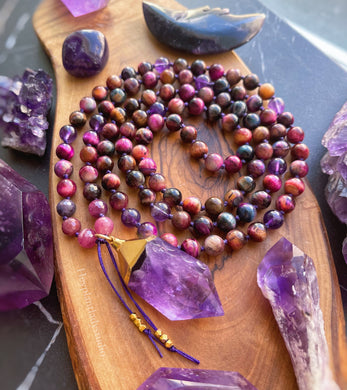 Sunset Serenity - Ruby + Sunset Tigers Eye + Amethyst + Amethyst Pendant - 108 Mala Necklace