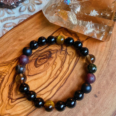 Reserved - Protection Bracelet + Chakra Sage Bundle - Tourmaline, Onyx, Obsidian, Garnet, Smoky Quartz & Tigers Eye