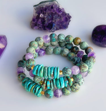 Reserved - Awakening Earth - 24k Gold Vermeil + Turquoise + Dream Amethyst + African Turquoise Stretch Mala Bracelet