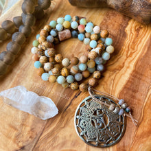 Load image into Gallery viewer, Tranquility Mala Necklace - Amazonite + Picture Jasper + Tibetan Ashtamangala Pendant