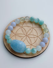 Load image into Gallery viewer, Tranquil Spirit - Aquamarine + Prehnite + Green Moonstone + Blue Lace Agate Stretch Mala Bracelet