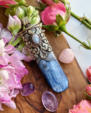 80mm Kyanite + Rainbow Moonstone Pendant